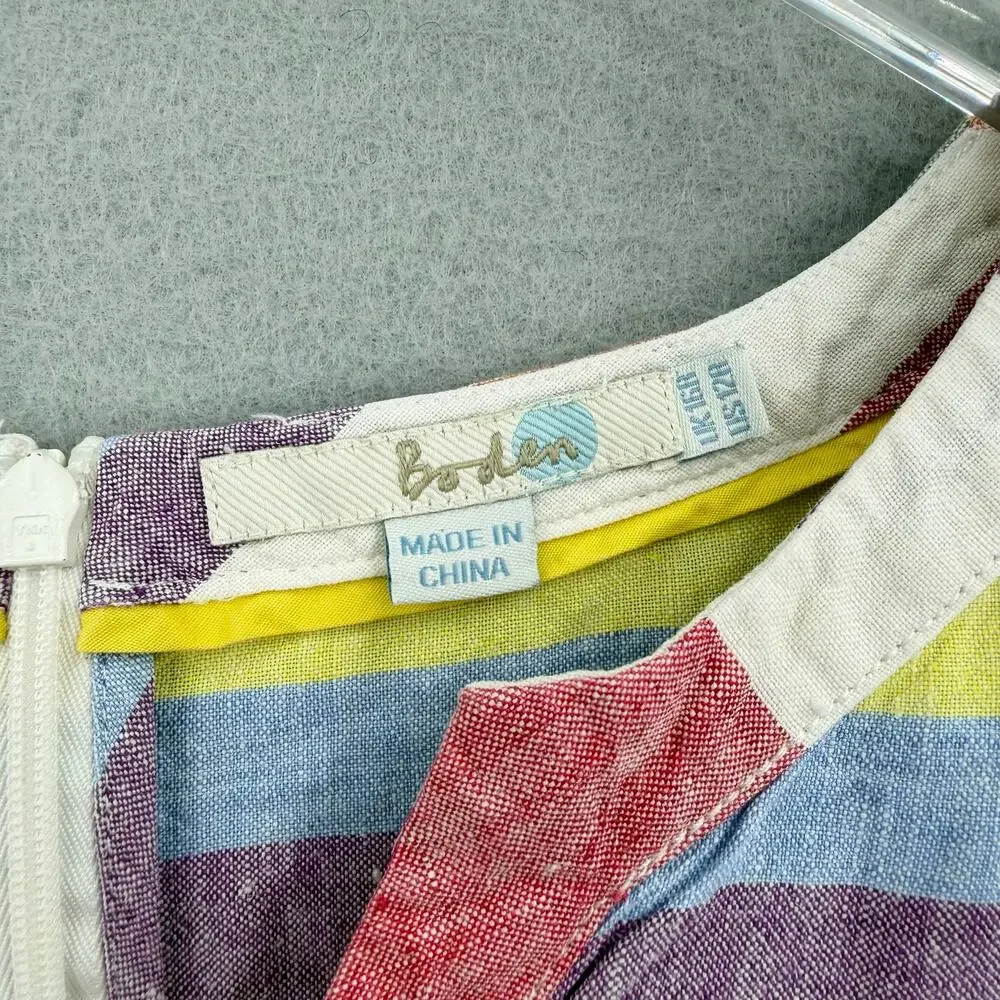 Boden White Multi Color Striped 100% Linen V-neck Sleeveless Shift Summer Dress